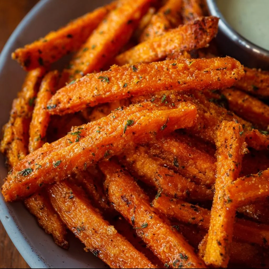 Crispy air fryer carrot fries served on a plate with dipping sauce.