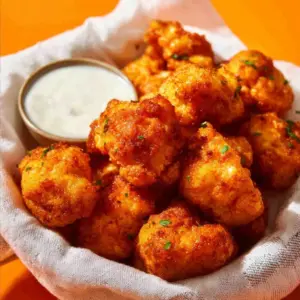 Crispy air fryer cauliflower wings served with dipping sauce.