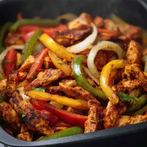Delicious air fryer chicken fajitas served with colorful bell peppers and onions.