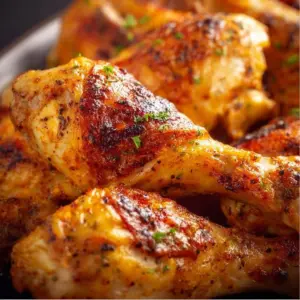 Crispy air fryer chicken legs served on a plate with herbs