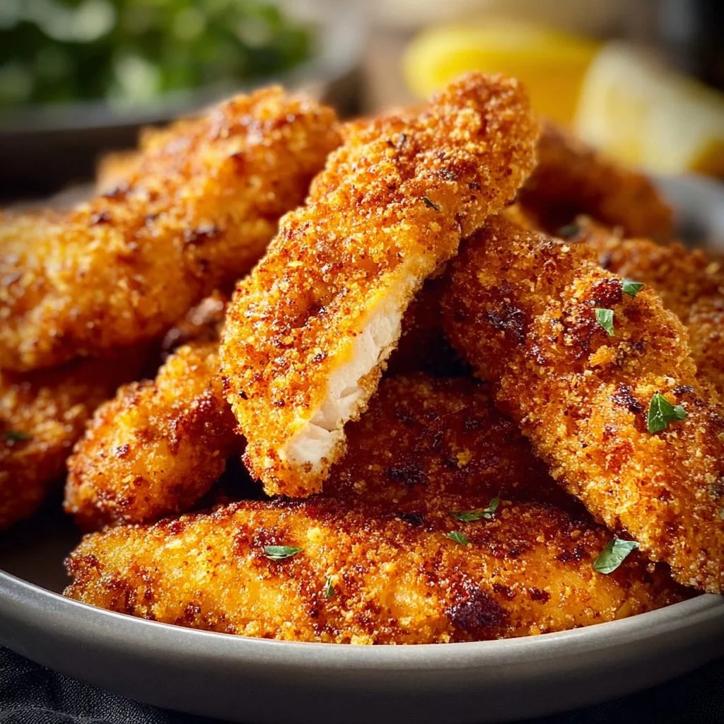 Crispy air fryer chicken strips served with dipping sauce.