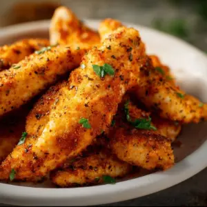 Plate of crispy air fryer chicken tenders with dipping sauce