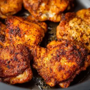 Crispy air fryer chicken thighs served on a plate with vegetables