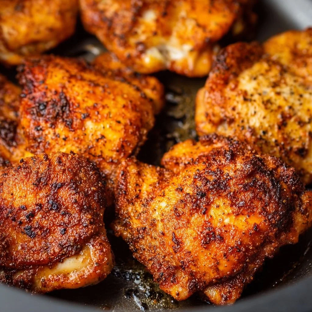 Crispy air fryer chicken thighs served on a plate with vegetables
