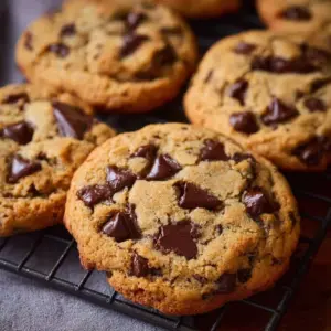 Freshly baked air fryer chocolate chip cookies on a cooling rack