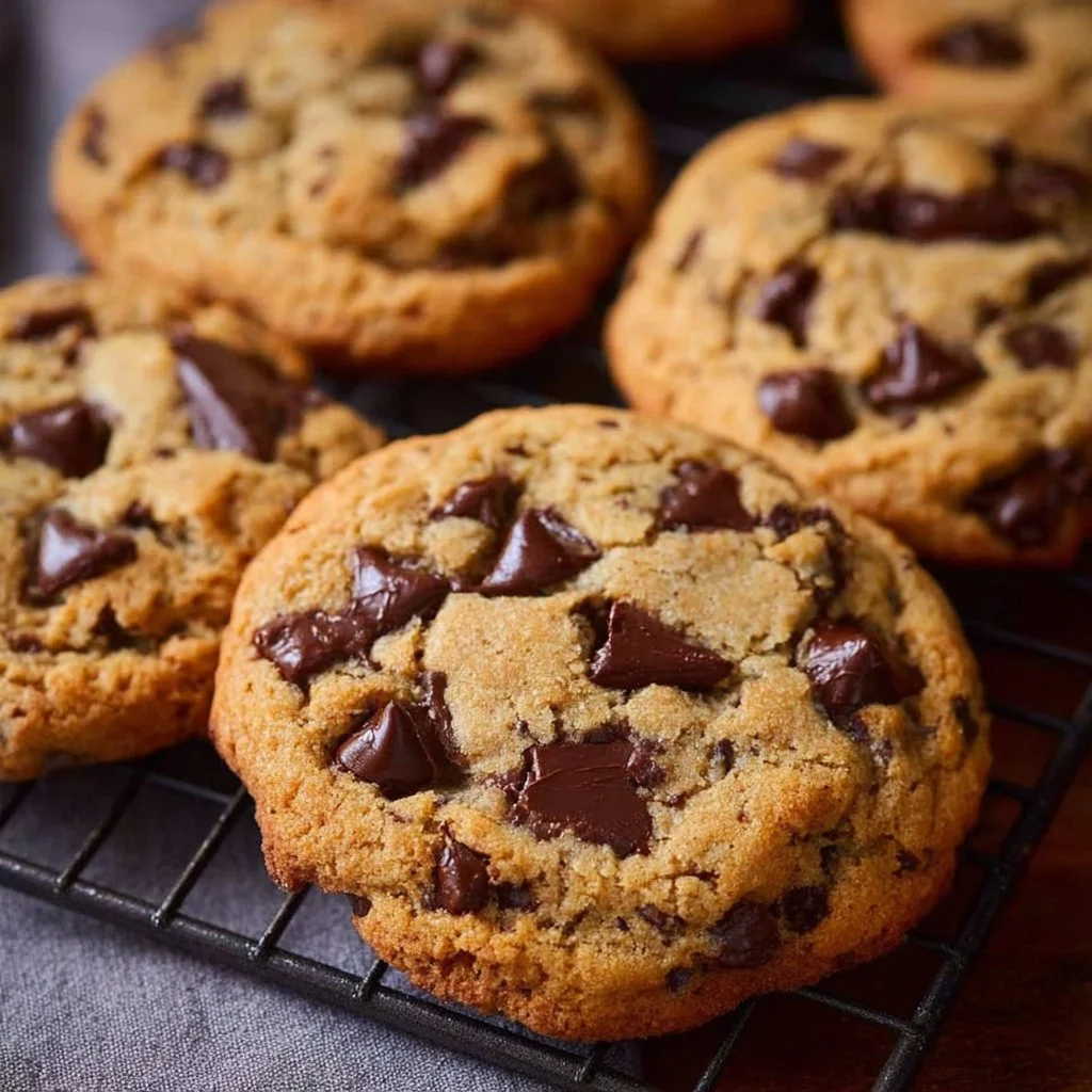 Freshly baked air fryer chocolate chip cookies on a cooling rack