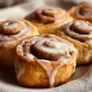 Fluffy air fryer cinnamon rolls drizzled with icing on a plate