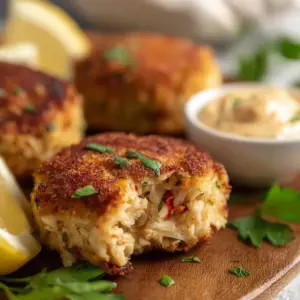 Perfectly cooked air fryer crab cakes served with dipping sauce