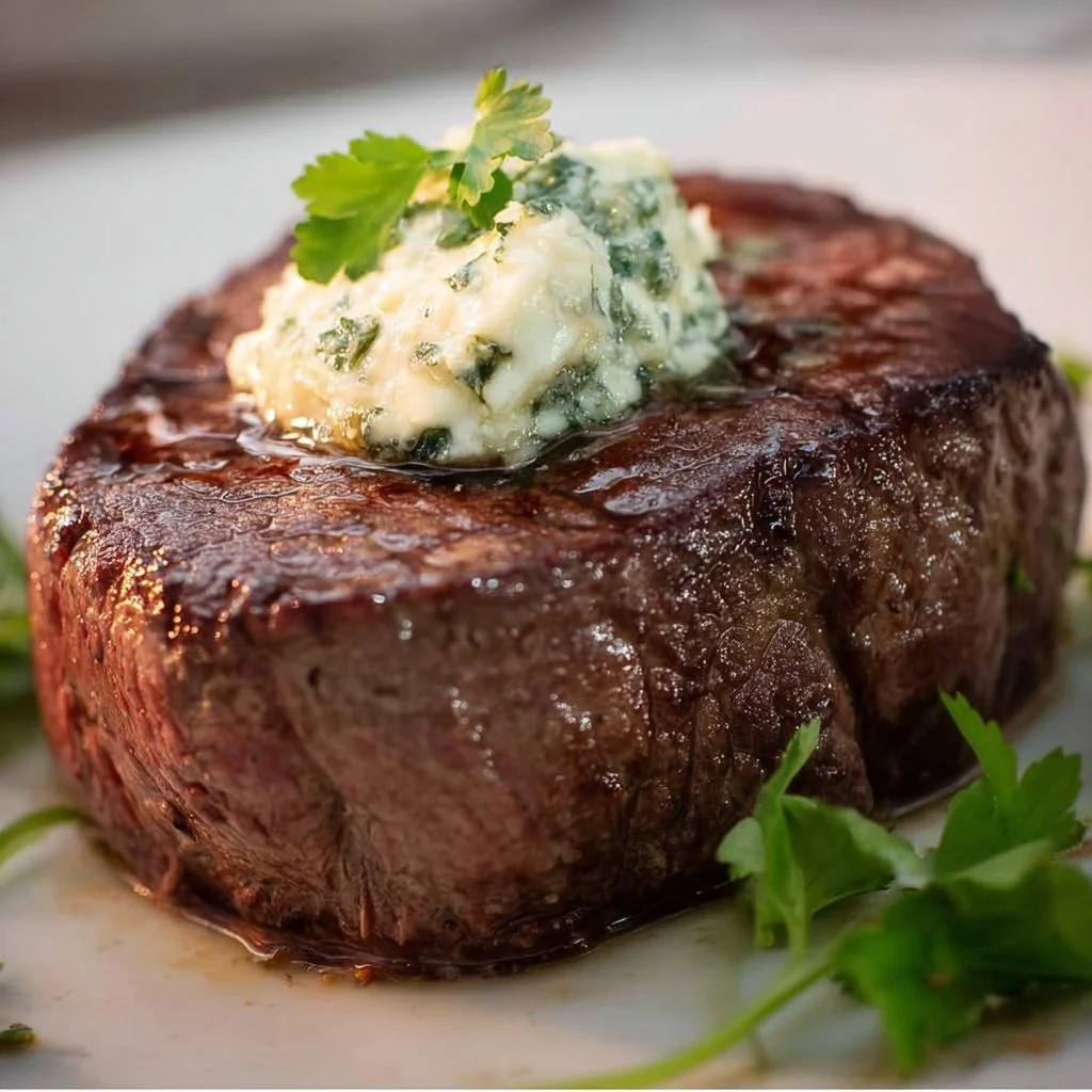 Juicy Air Fryer Filet Mignon served on a plate with herbs and garlic.