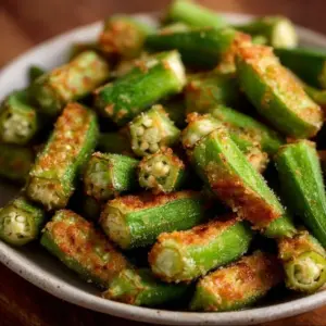 Crispy air fryer fresh okra served on a plate with dipping sauce