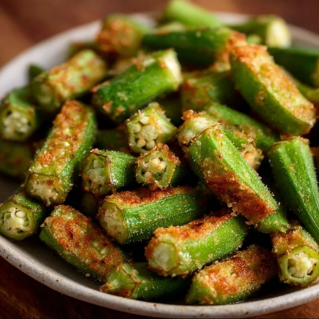 Crispy air fryer fresh okra served on a plate with dipping sauce
