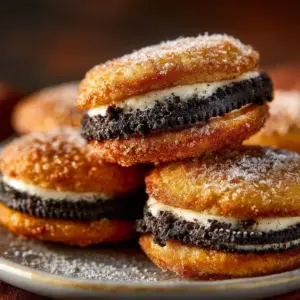 Crispy air fryer fried Oreos served on a plate, drizzled with chocolate
