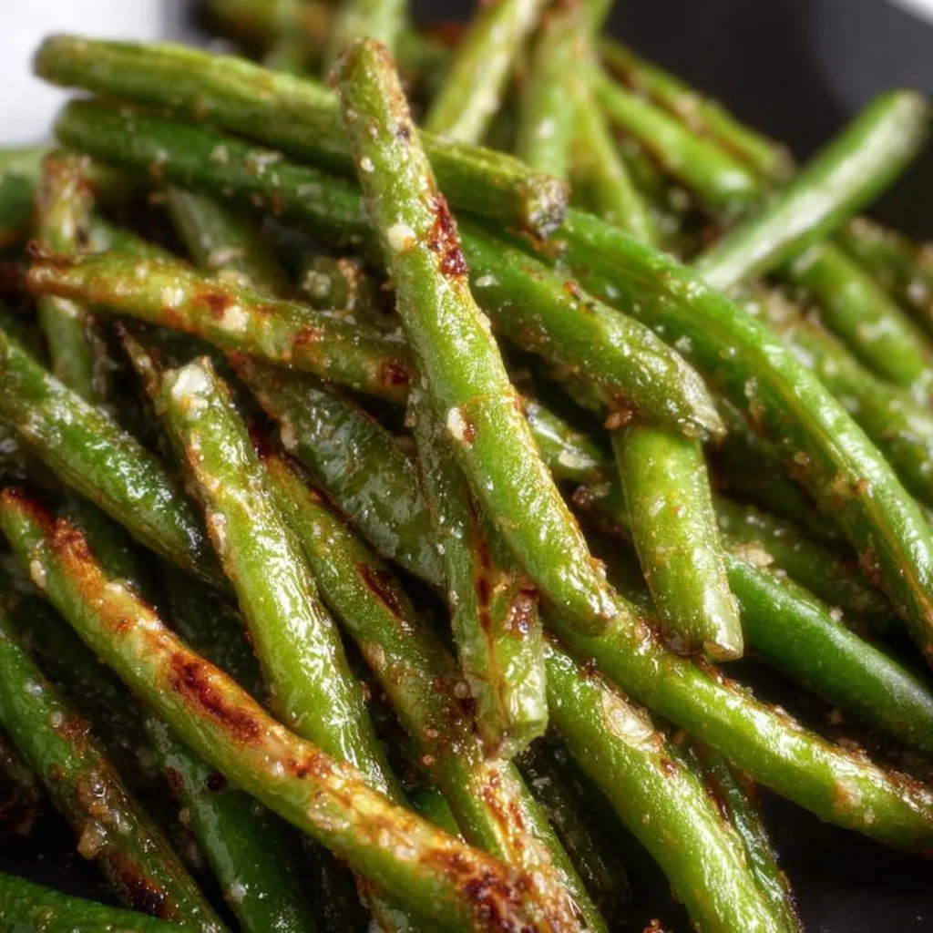 Crispy air fryer green beans garnished with spices in a bowl.