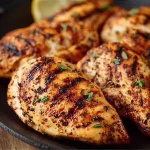 Delicious air fryer grilled chicken served on a plate with herbs and spices