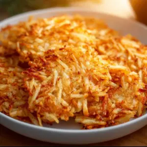 Golden brown air fryer hash browns served on a plate.