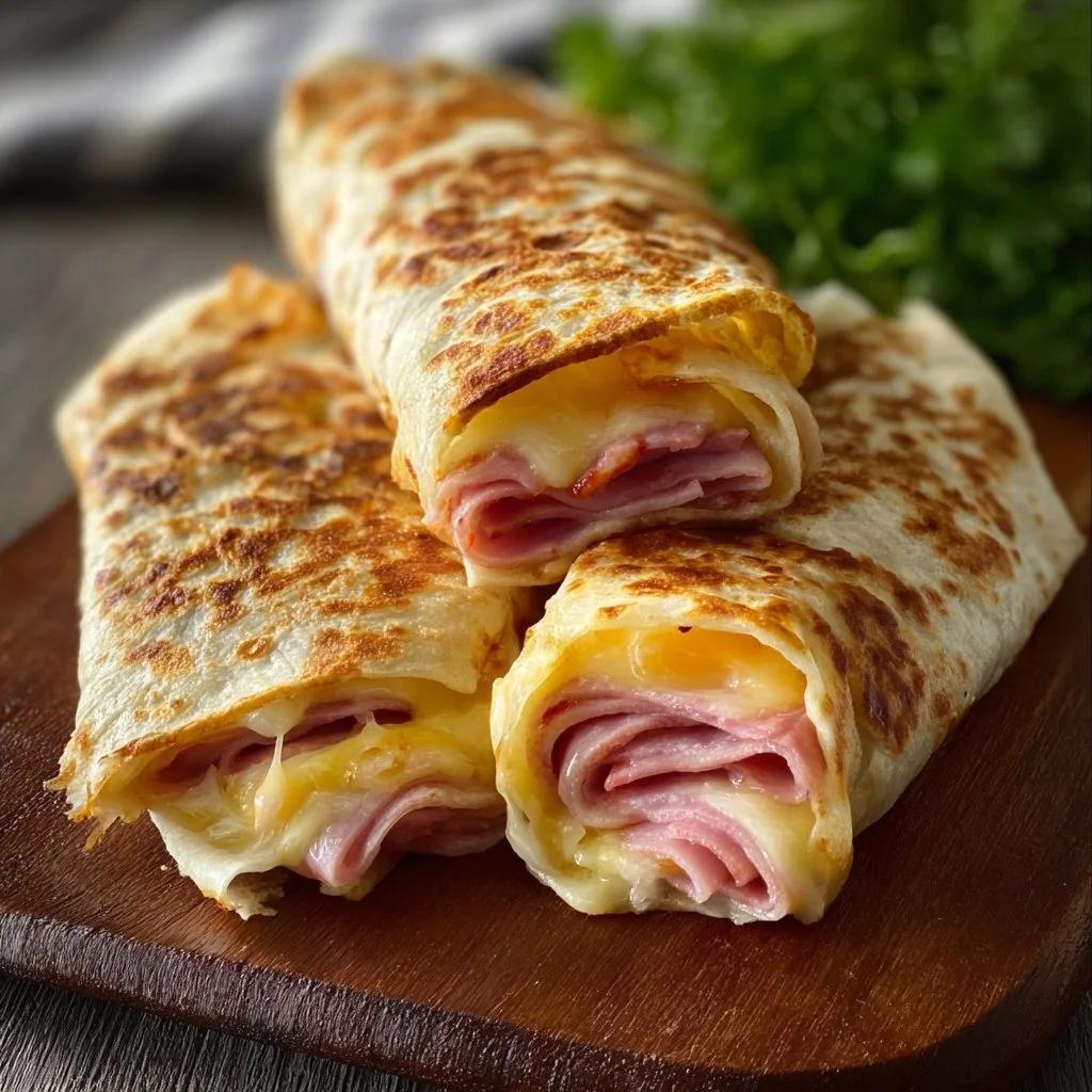 Air fryer hot ham and cheese wraps served on a plate for a tasty snack