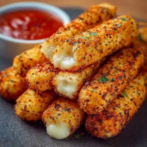Crispy air fryer mozzarella sticks served with marinara sauce