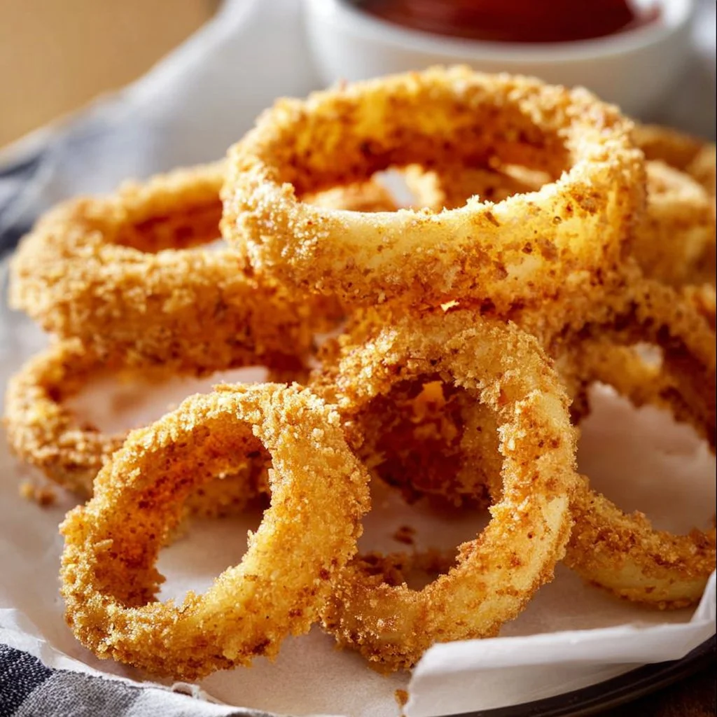 Air fryer onion rings with a crispy golden coating, served on a plate.