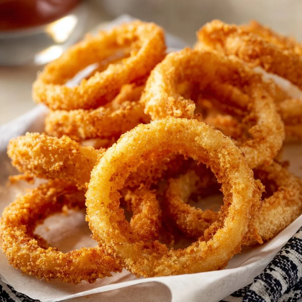 Crispy air fryer onion rings served in a basket