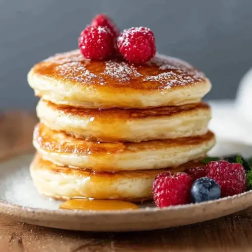 Delicious air fryer pancakes stacked on a plate with syrup