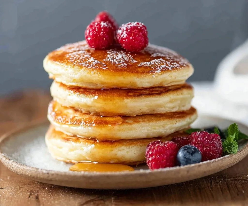 Delicious air fryer pancakes stacked on a plate with syrup