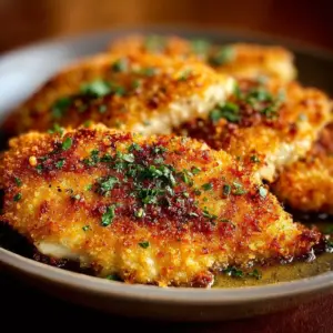 Air Fryer Parmesan Crusted Chicken with crispy coating and juicy meat