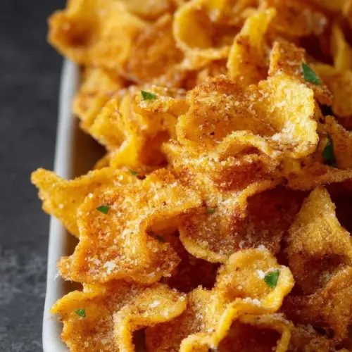Crispy air fryer pasta chips served in a bowl with seasonings
