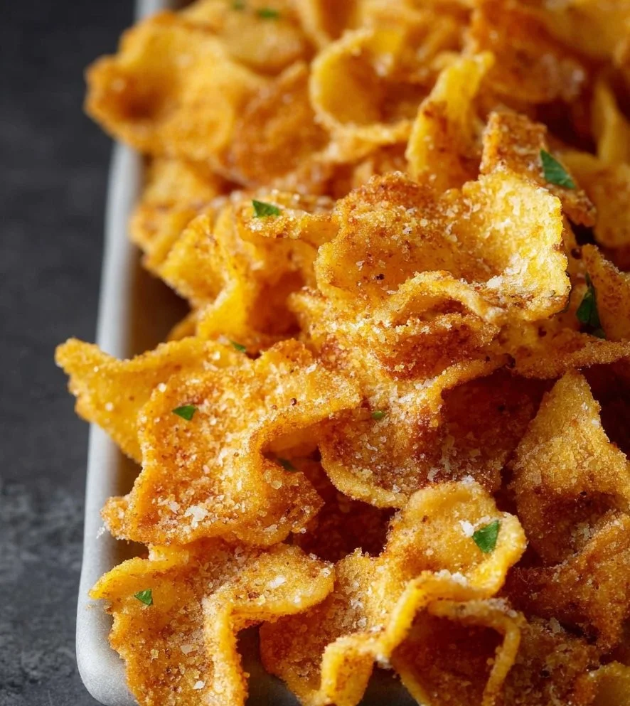 Crispy air fryer pasta chips served in a bowl with seasonings