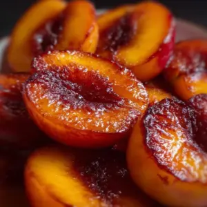 Delicious air fryer peaches with a caramelized glaze topping.