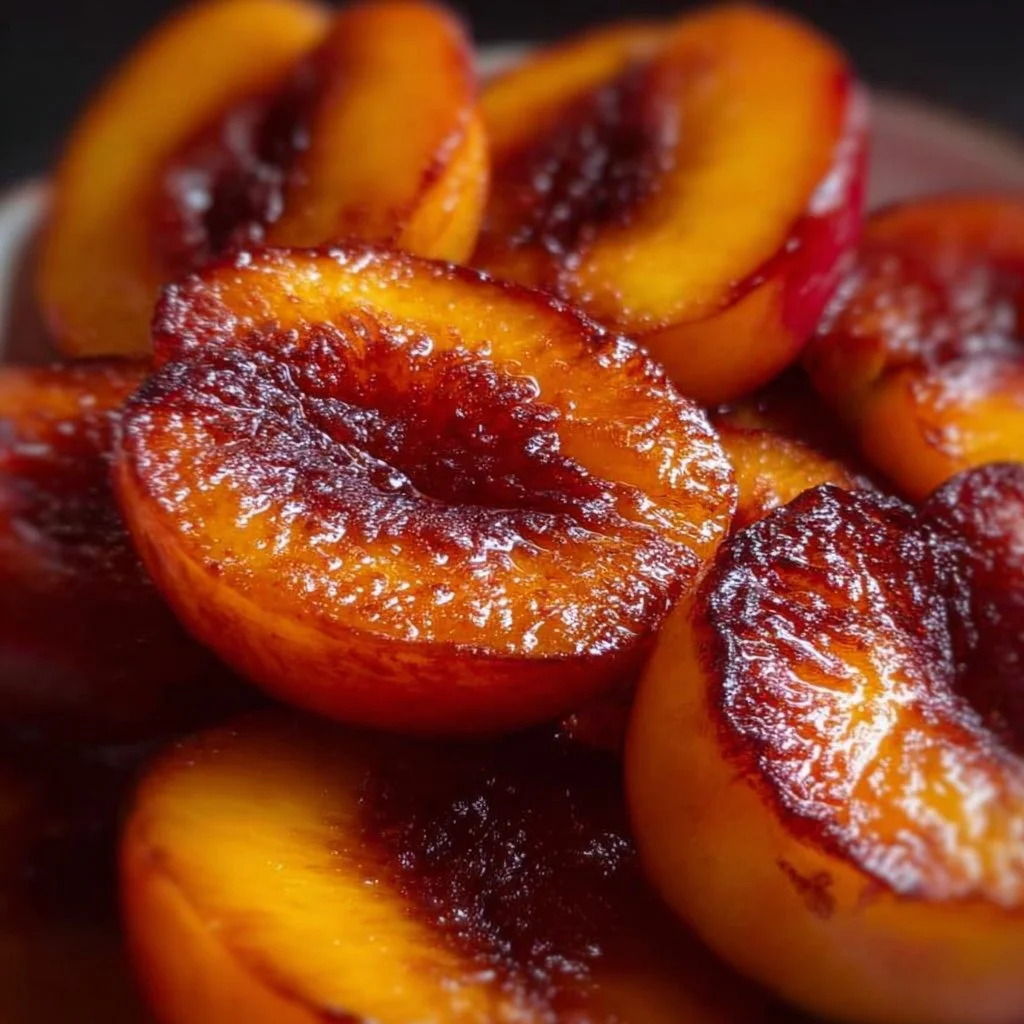Delicious air fryer peaches with a caramelized glaze topping.