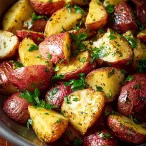 Crispy air fryer red potatoes served in a bowl, garnished with herbs.
