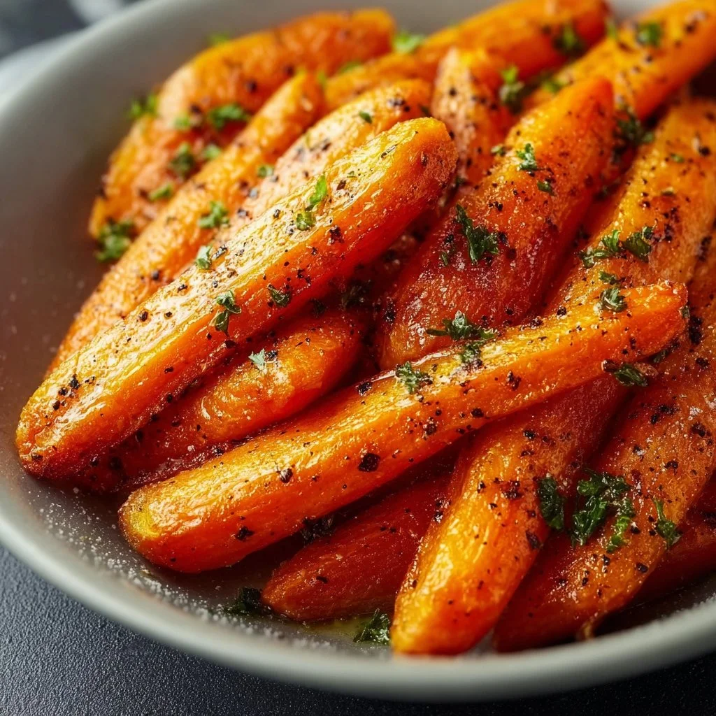 Air fryer roasted carrots served in a bowl, showcasing golden brown texture.