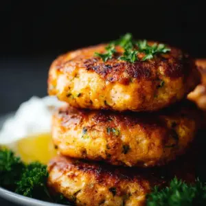 Crispy air fryer salmon patties served with fresh herbs and dipping sauce.