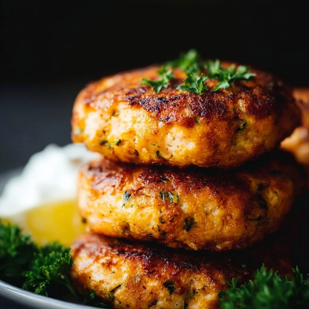 Crispy air fryer salmon patties served with fresh herbs and dipping sauce.
