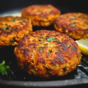 Air fryer salmon patties cooked to perfection and served on a plate.