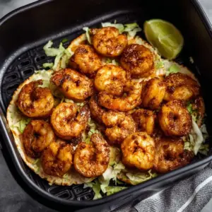 Crispy air fryer shrimp tacos served in tortillas with toppings