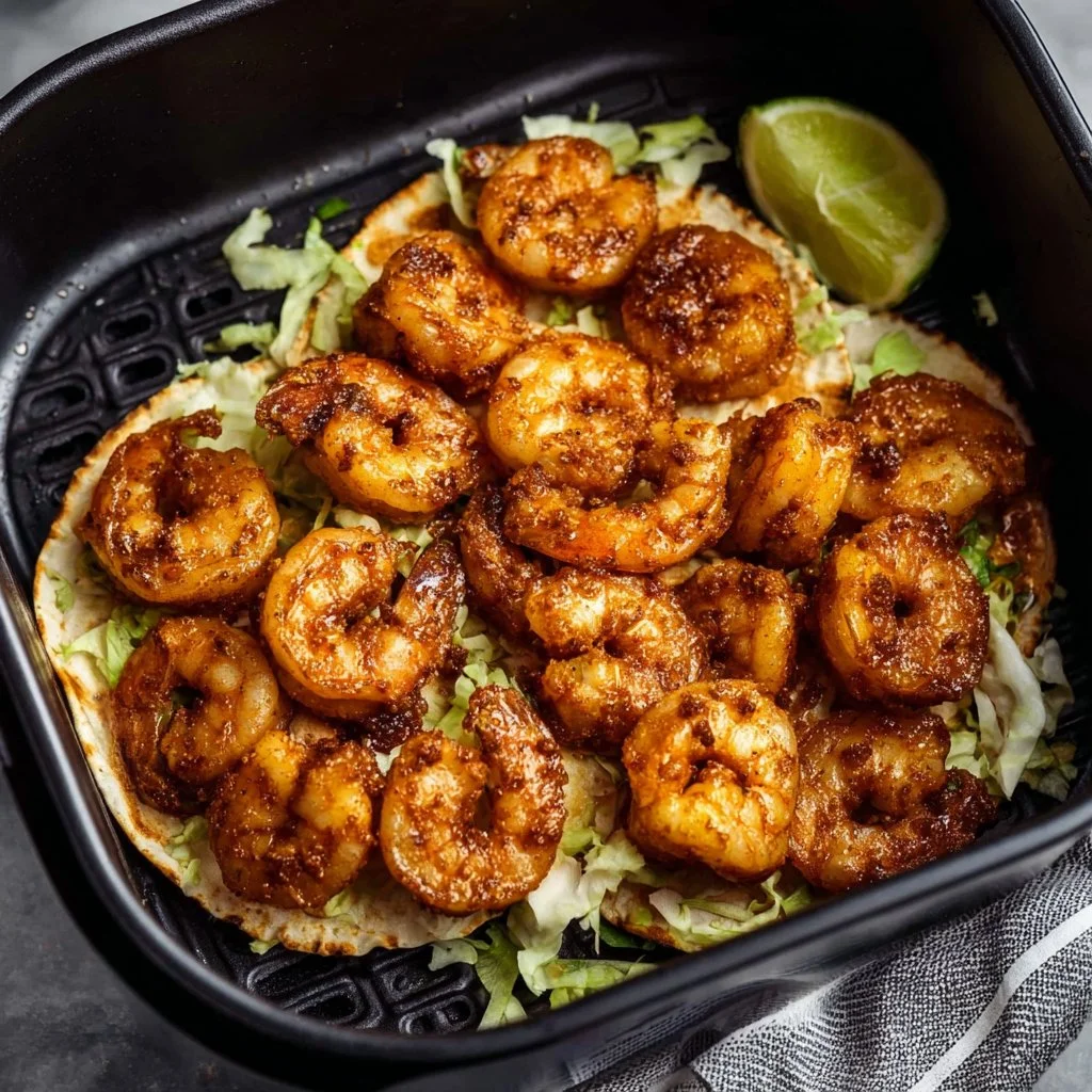Crispy air fryer shrimp tacos served in tortillas with toppings