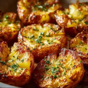 Crispy Air Fryer Smashed Potatoes topped with herbs