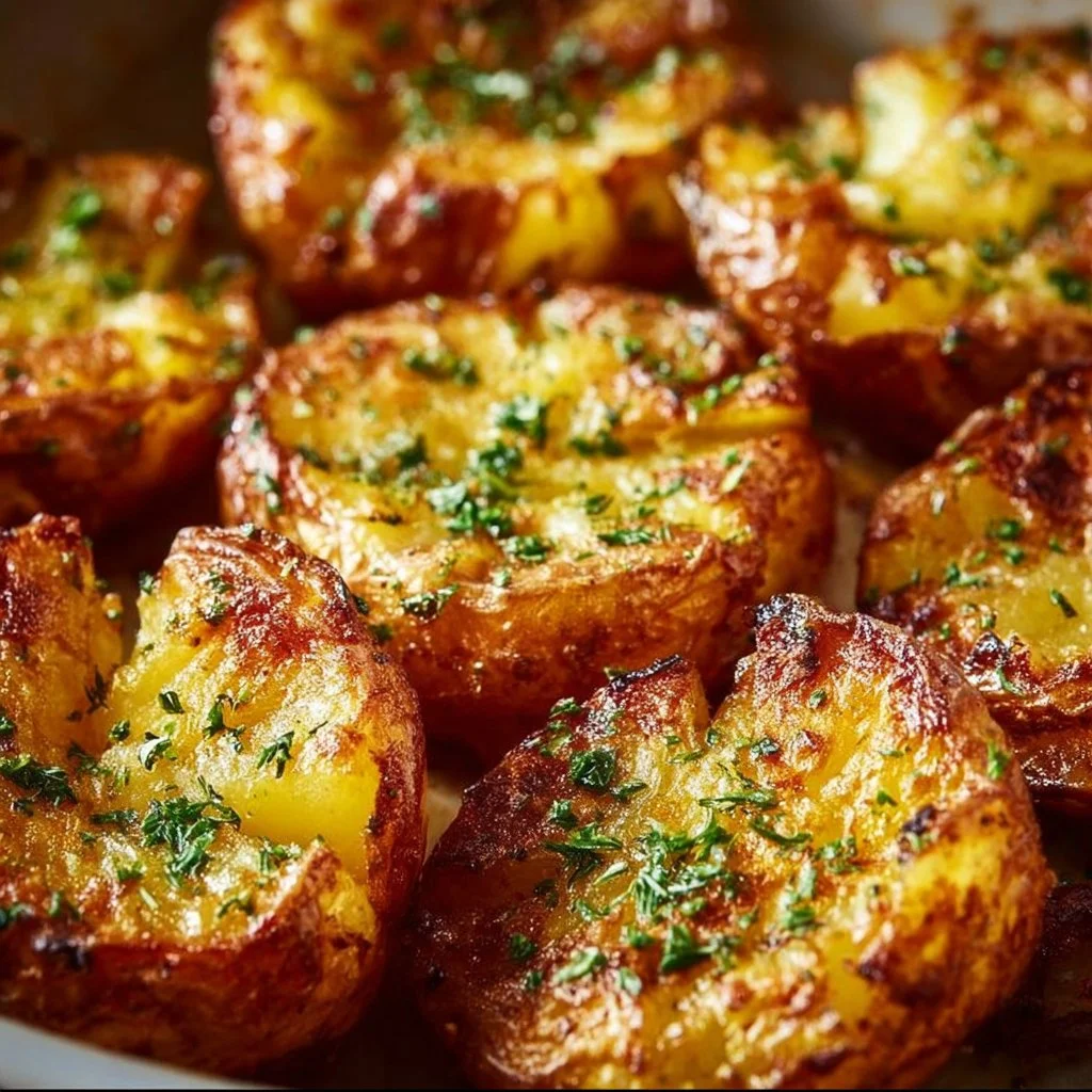 Crispy Air Fryer Smashed Potatoes topped with herbs