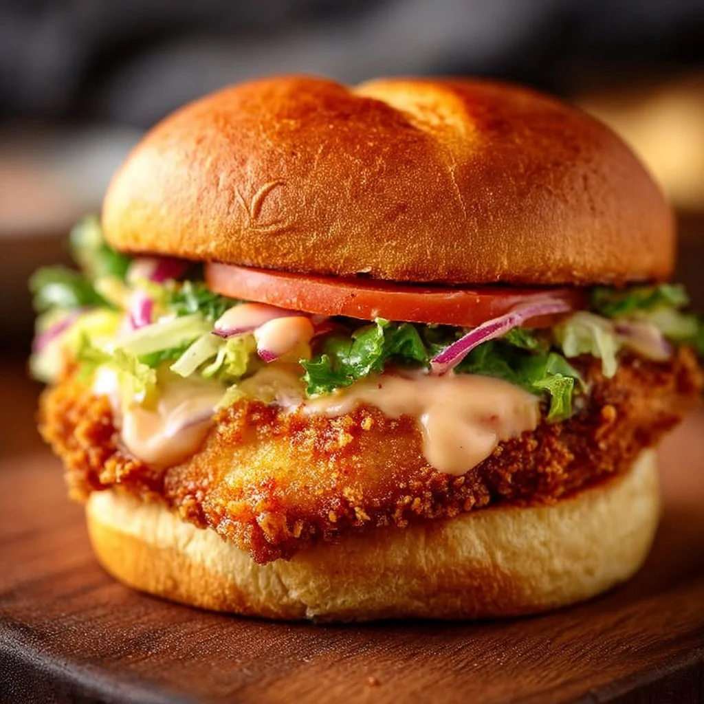 Air fryer spicy chicken sandwich served with crisp lettuce and spicy sauce