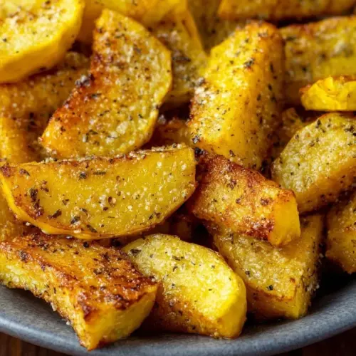 Delicious Air Fryer Squash served on a plate, garnished with herbs.