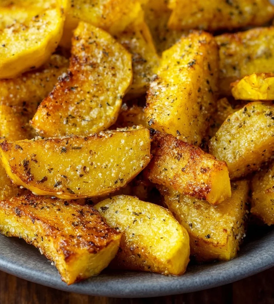 Delicious Air Fryer Squash served on a plate, garnished with herbs.