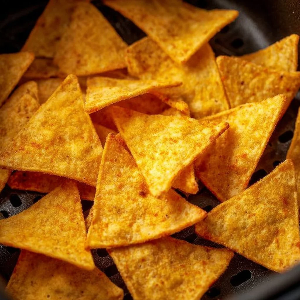 Homemade air fryer tortilla chips served with salsa