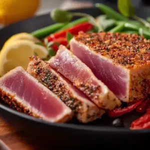 Delicious air fryer tuna steak cooked to perfection on a plate