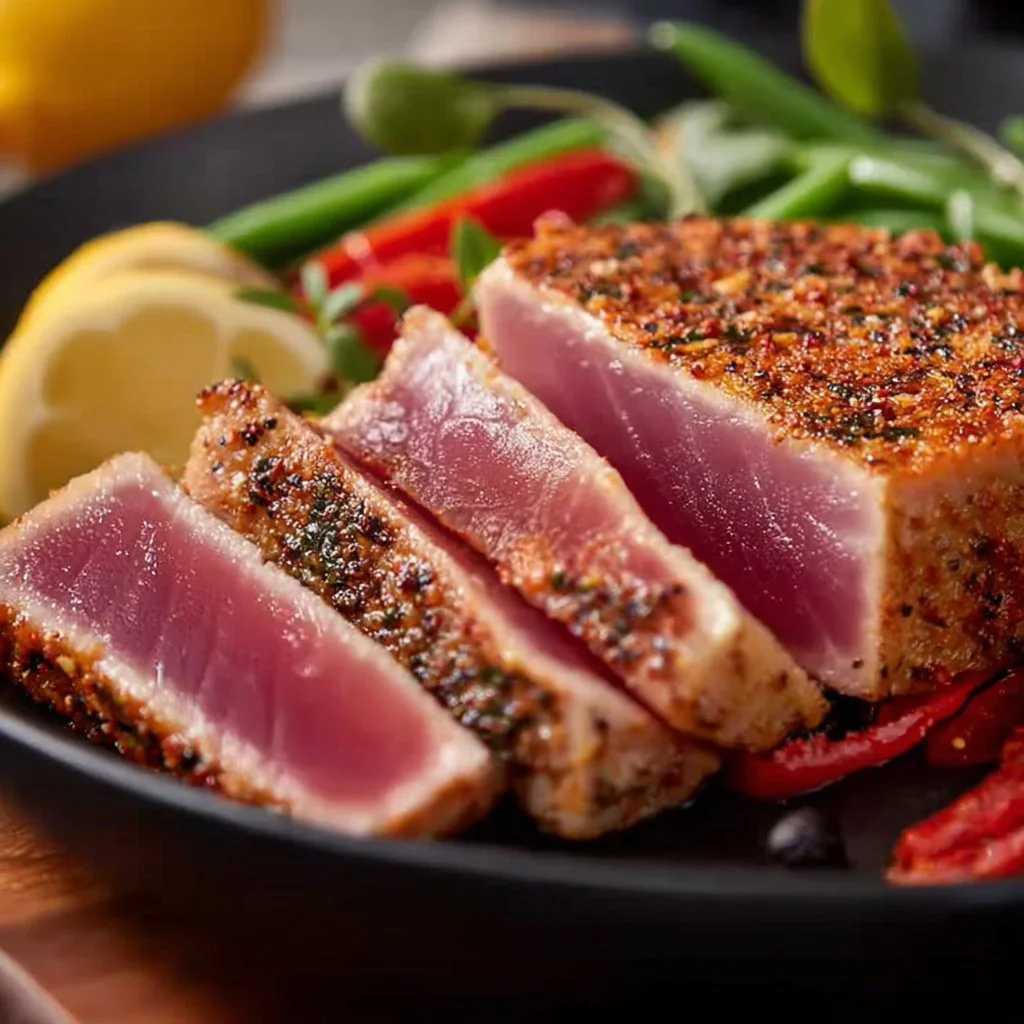 Delicious air fryer tuna steak cooked to perfection on a plate