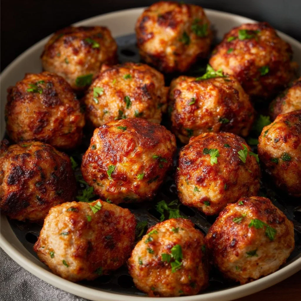Delicious air fryer turkey meatballs on a plate served with dipping sauce.