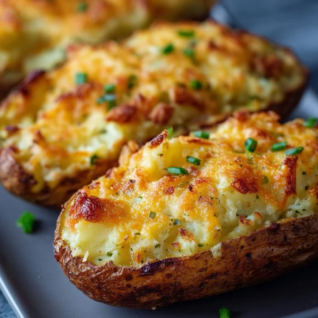 Delicious air fryer twice baked potatoes topped with cheese and chives