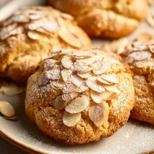 Freshly baked Almond Croissant Cookies with almonds and glaze