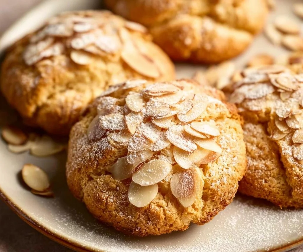 Freshly baked Almond Croissant Cookies with almonds and glaze