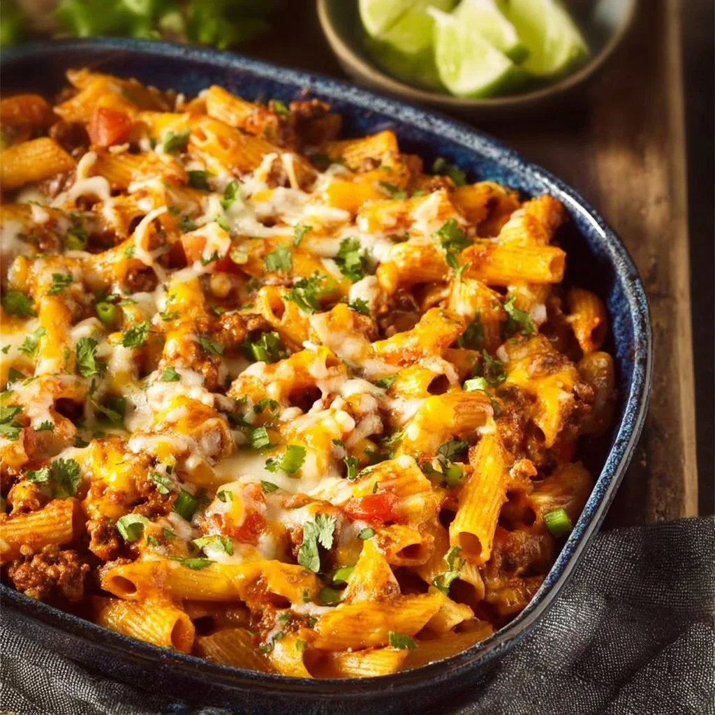 Baked Mexican Pasta dish topped with cheese and fresh ingredients